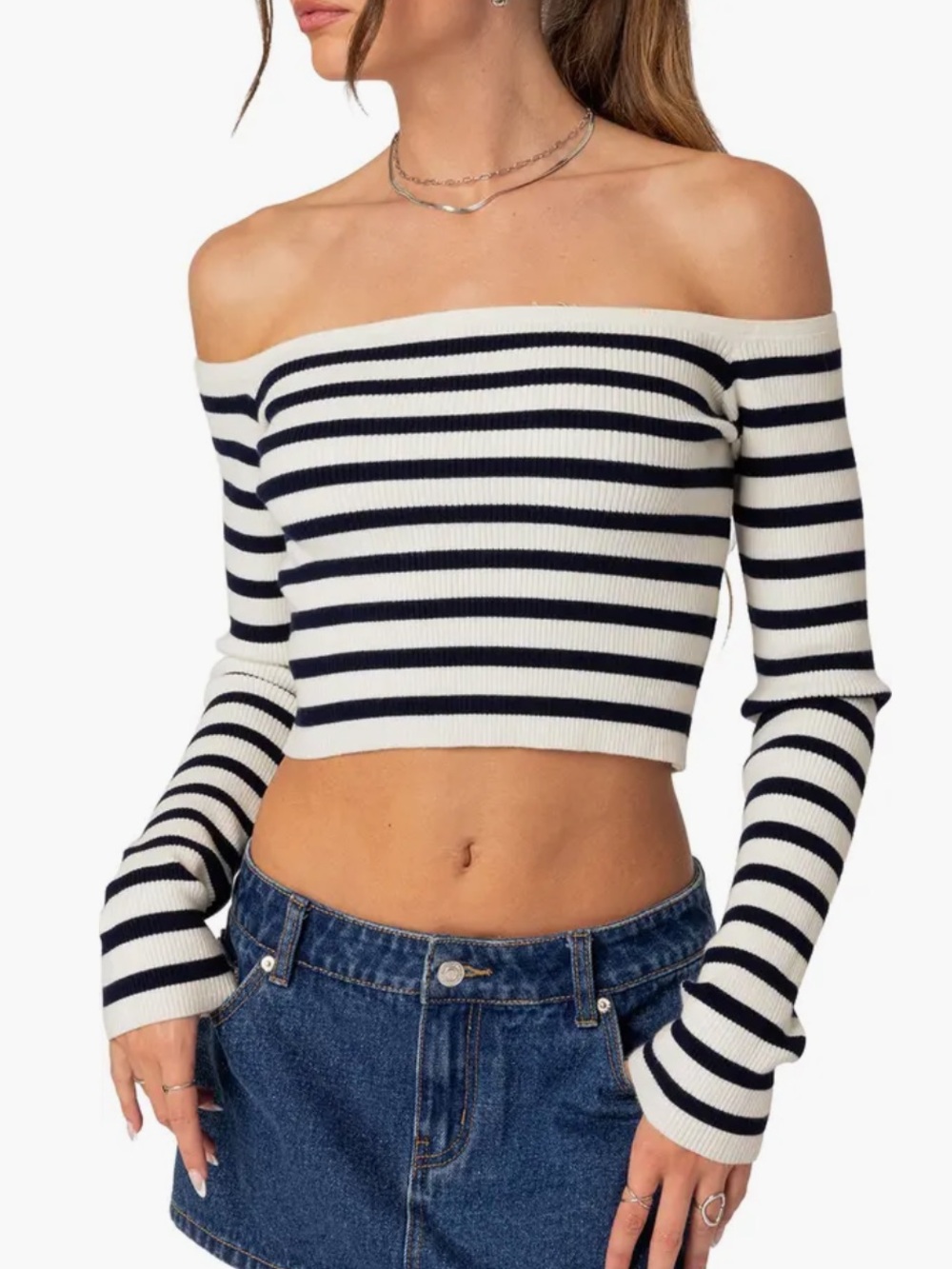 🆕 SILENCE + NOISE Black White Stripe Crop Off Shoulder Top Stretch